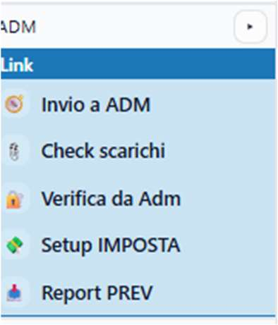 Menu ADM con invio, check scarichi, verifica ADM, setup imposta e report prevalenza