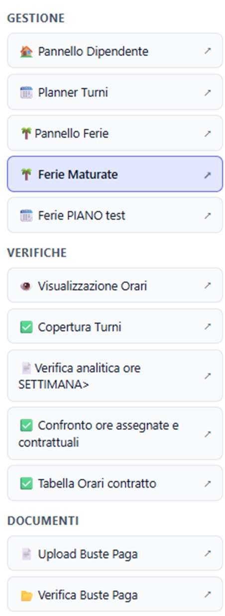 Pannello dipendenti con orari, ferie, copertura turni, verifiche, upload buste paga e verifica buste paga